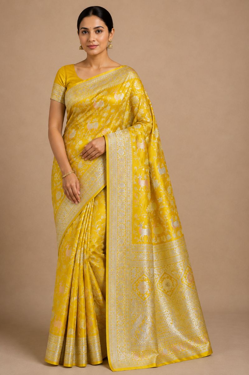 Shikargah Banarasi Saree – Mustard Yellow with Metallic Floral & Deer Motifs - Banarasi Silk Saree in Mustard Yellow / Gold & Silver