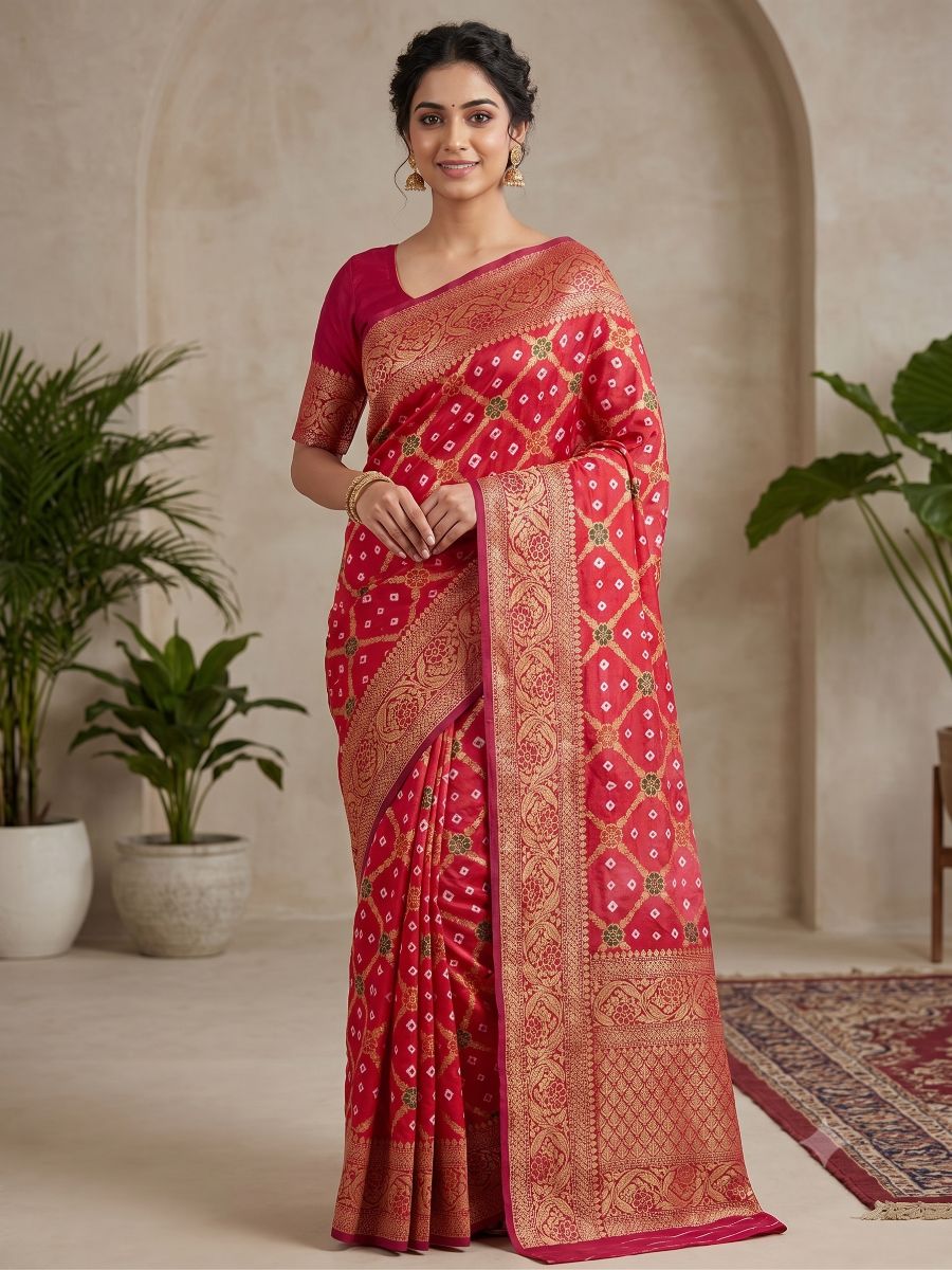 Rani Pink Banarasi Bandhani Silk Saree with Rich Gold Zari Floral Border and Pallu - Silk Saree in Rani Pink