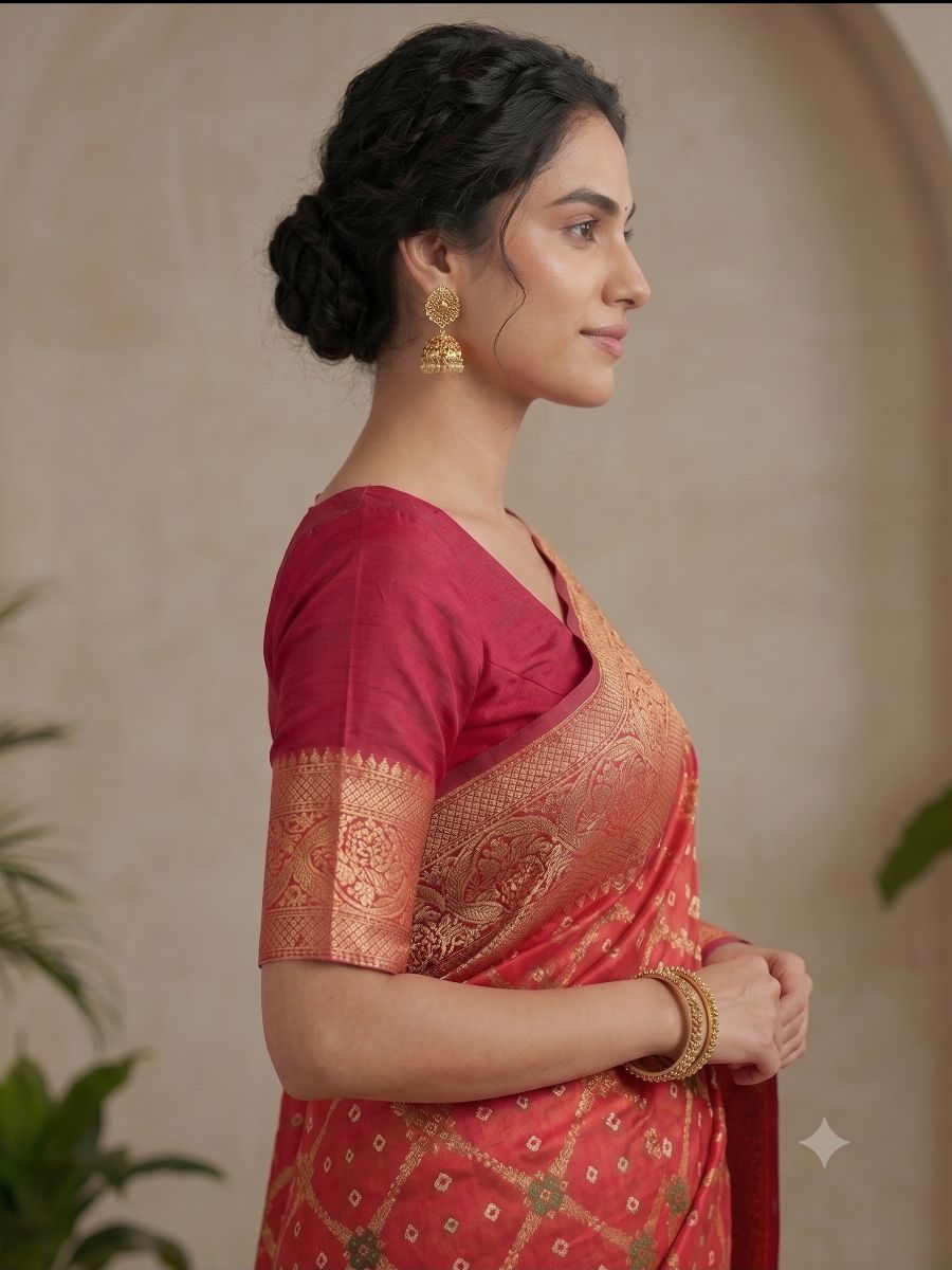 Rani Pink Banarasi Bandhani Silk Saree with Rich Gold Zari Floral Border and Pallu - View 3