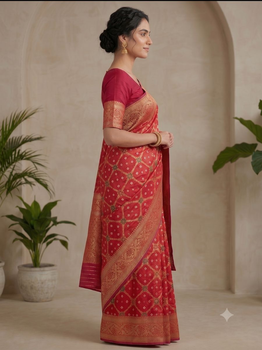 Rani Pink Banarasi Bandhani Silk Saree with Rich Gold Zari Floral Border and Pallu - View 5