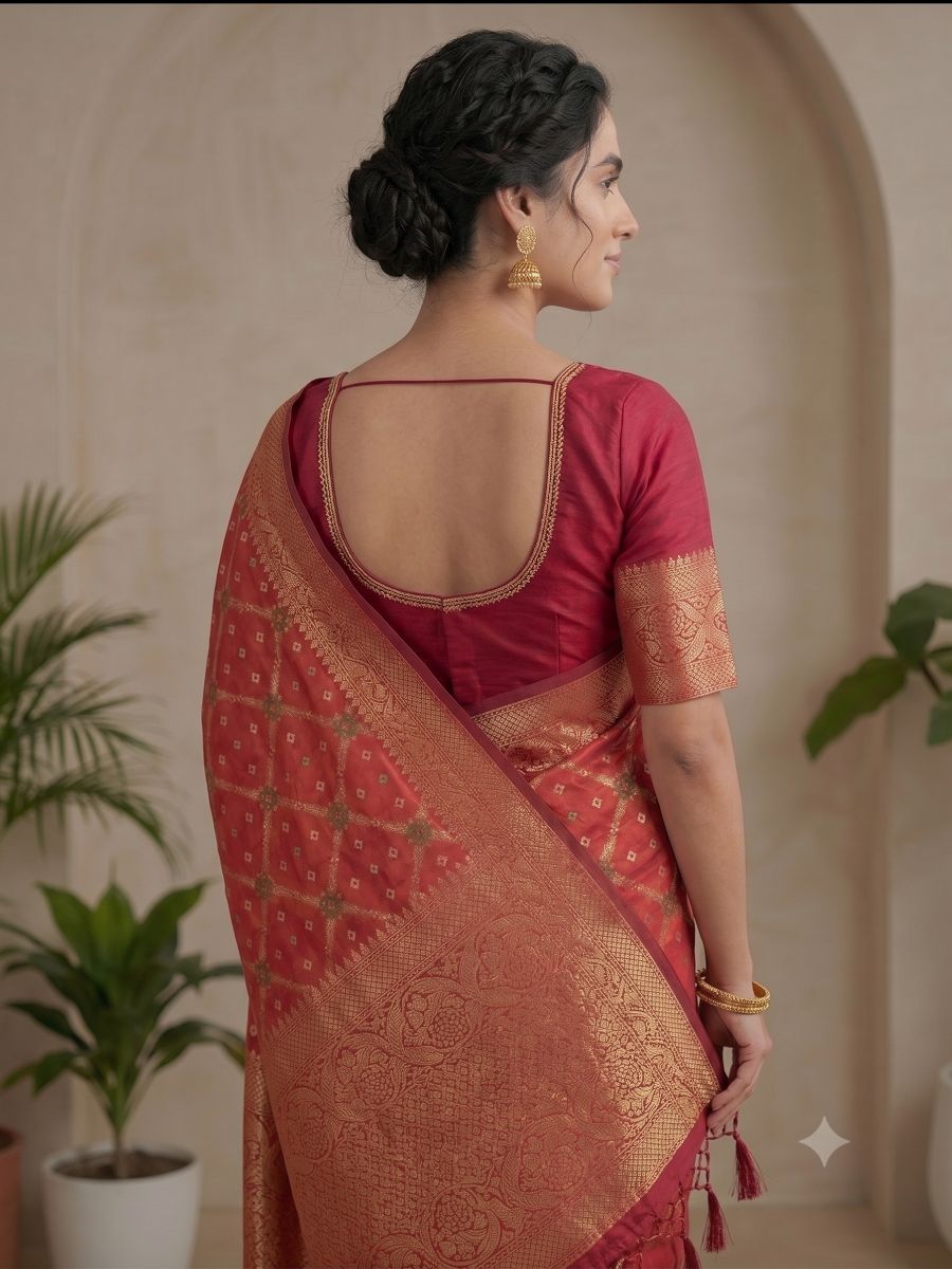 Rani Pink Banarasi Bandhani Silk Saree with Rich Gold Zari Floral Border and Pallu - View 4