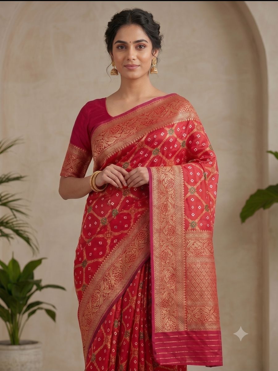 Rani Pink Banarasi Bandhani Silk Saree with Rich Gold Zari Floral Border and Pallu - View 2