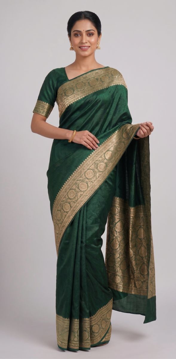 Banarasi Tanchoi Plain Saree – Bottle Green with Gold Zari Border - Banarasi Tanchoi Silk Saree in Bottle Green / Emerald Green