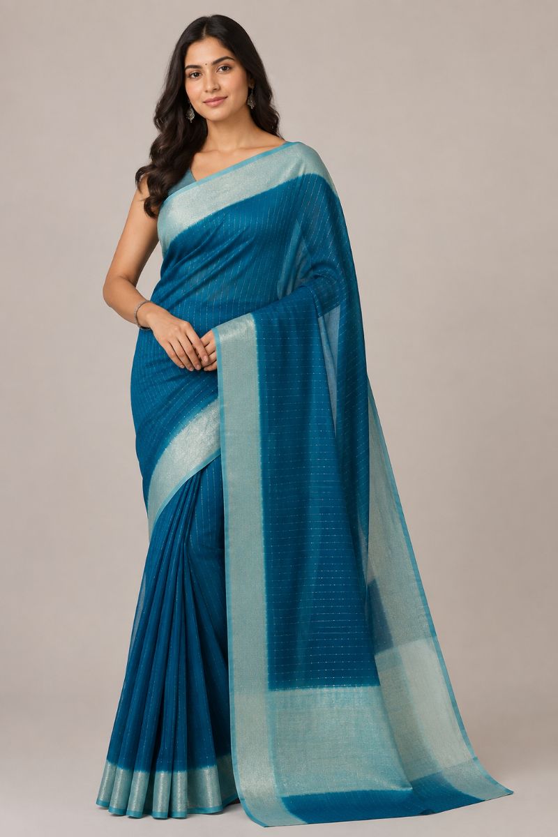 Tikli Viscose Saree – Teal Blue with Silver Gold Border - Tikli Viscose Saree in Teal Blue / Sea Green / Silver Gold
