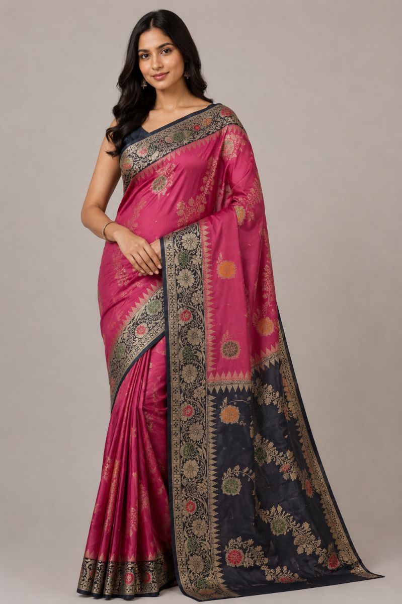 Raw Silk Ada Saree – Magenta Pink with Charcoal Floral Pallu - Raw Silk Saree in Magenta Pink / Charcoal Grey / Gold / Green