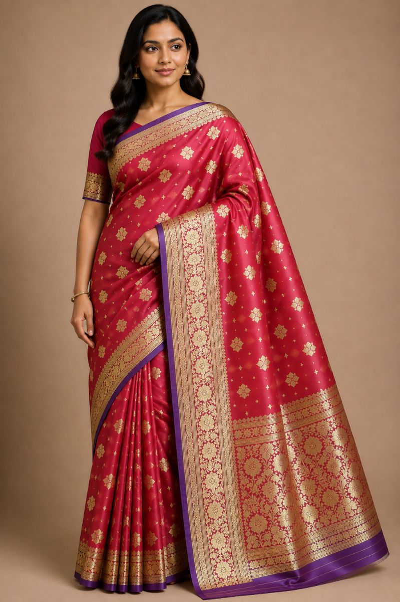 Satan Buti Banarasi Silk Saree – Rani Pink with Purple Border & Antique Gold Buti - Banarasi Silk Saree in Rani Pink / Purple / Antique Gold