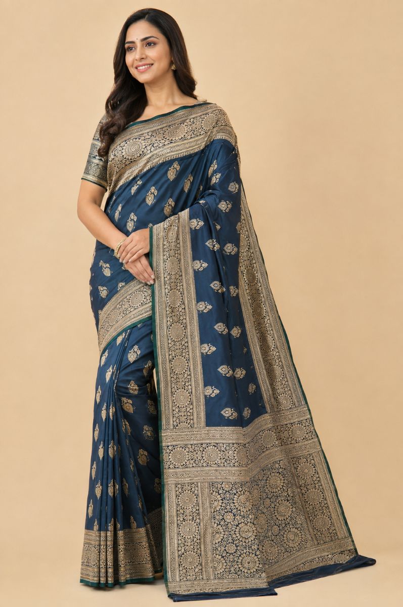 Banarasi floral silk– Navy Blue with Gold Zari Border - Silk Saree in Navy Blue