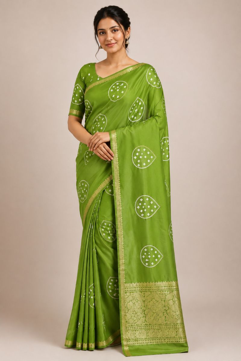 Assamese Bandhej Saree – Parrot Green with Antique Gold Border - Bandhej Silk Saree in Parrot Green / Antique Gold