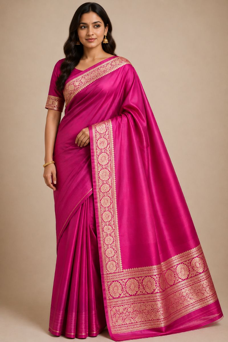Plain Bridal Silk Saree – Bright Magenta with Antique Gold Floral Zari Border - Silk Saree in Bright Magenta / Antique Gold