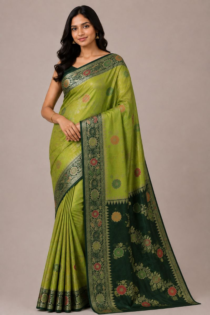 Raw Silk Ada Saree – Olive Green with Dark Green Floral Pallu - Raw Silk Saree in Olive Green / Dark Green / Gold / Red / Green