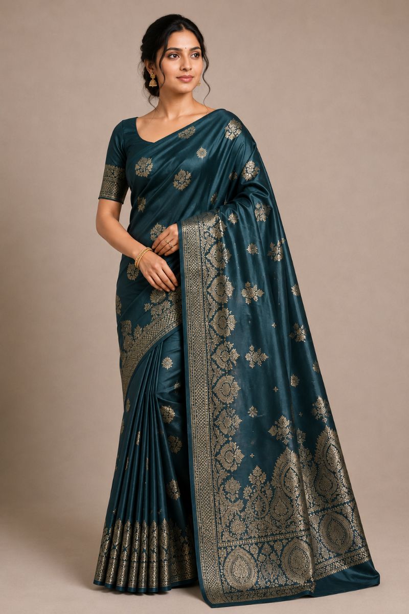 Banarasi Satin Silk – Dark Teal with Antique Gold Zari - Banarasi Satin Silk Saree in Dark Teal / Antique Gold