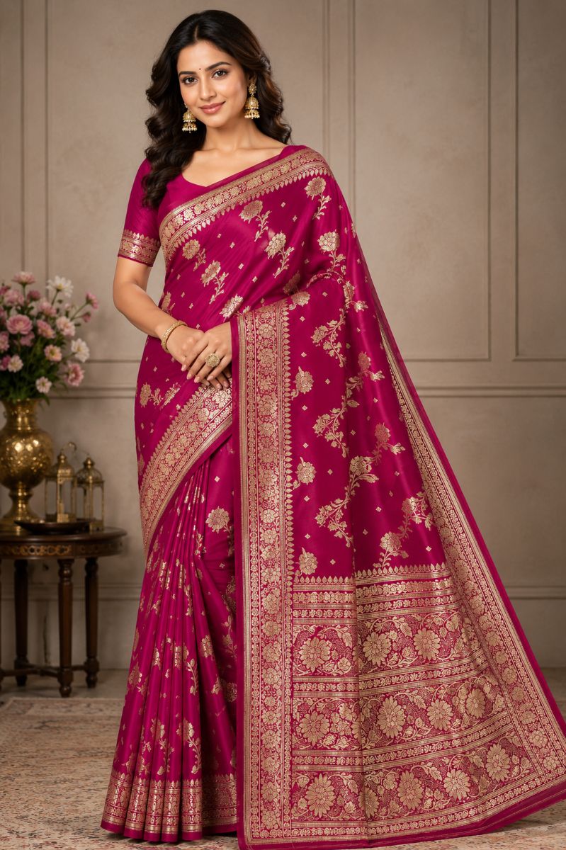 Banarasi Katan Silk Saree – Scarlet Red Floral Zari - Silk Saree in Scarlet Red