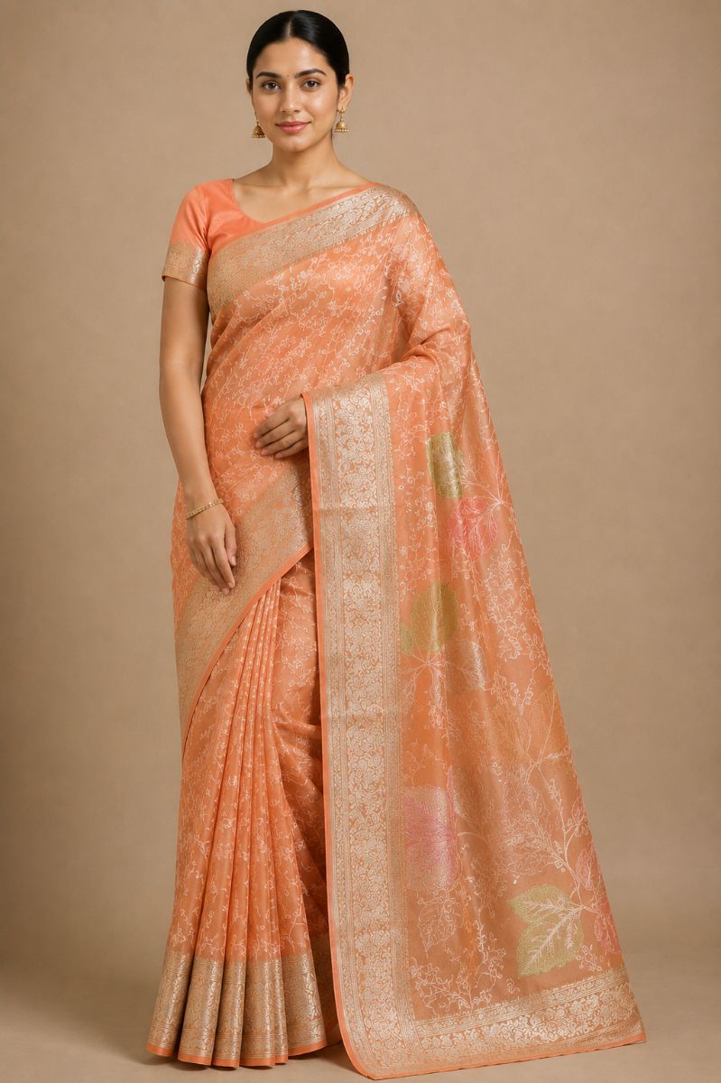 Chikankari Saree – Peach Beige with Green Floral Motifs - Chikankari Saree in Peach Beige / Green / Gold