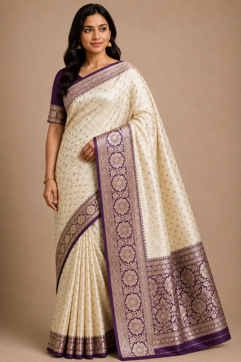 Banarasi White Katan Silk Saree – Purple Floral Zari Border - Katan Silk Saree in Off White / Cream / Purple / Antique Gold