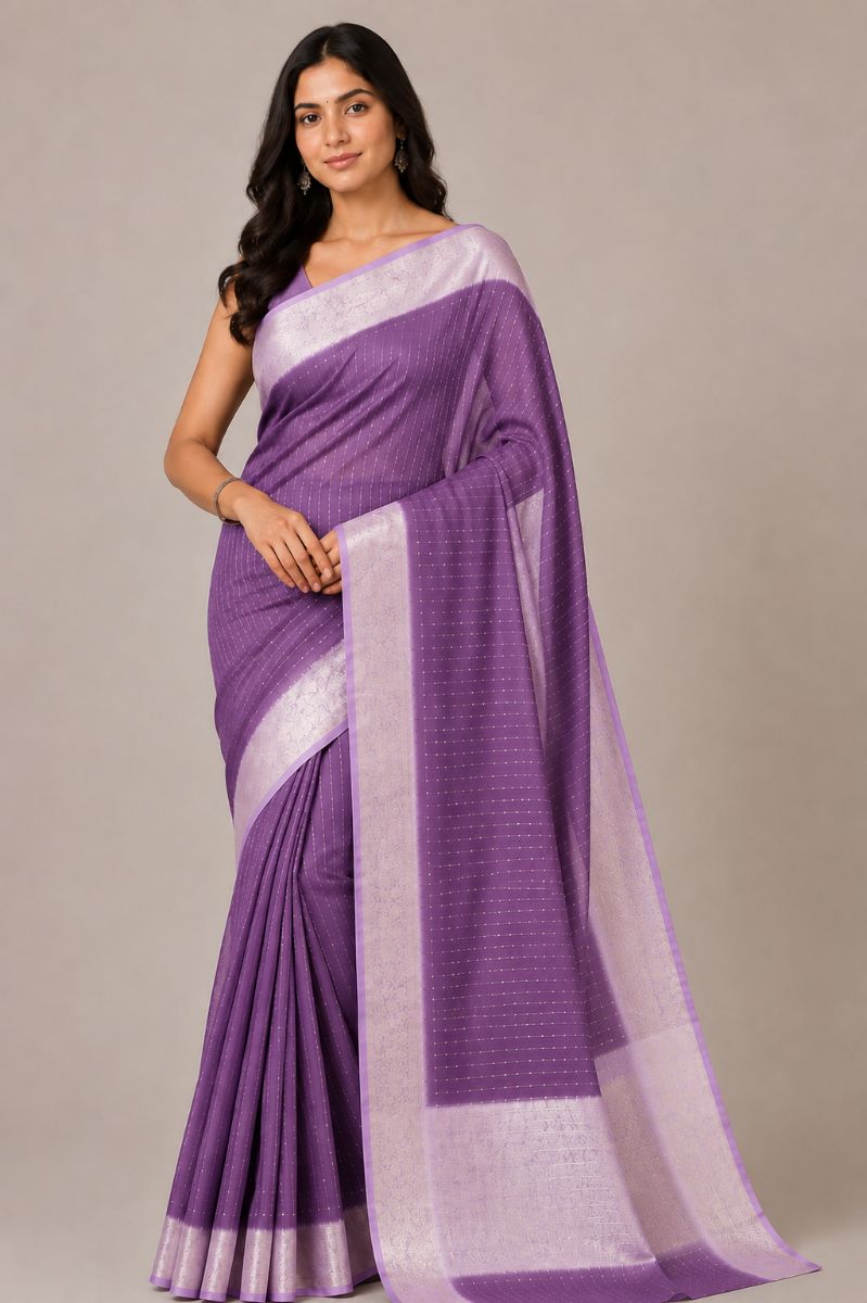 Tikli Viscose Saree – Purple with Lavender Metallic Border - Tikli Viscose Saree in Purple / Lavender / Metallic Silver