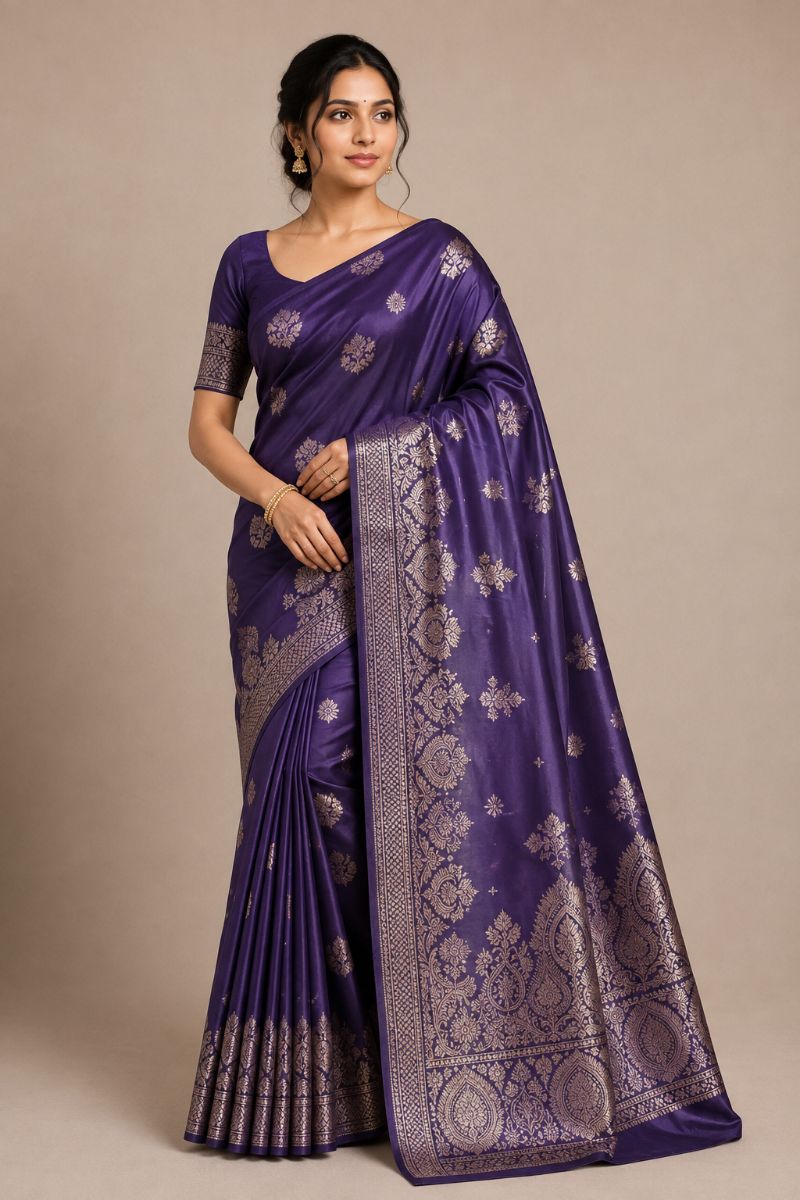 Banarasi Satin Silk – Purple with Antique Gold Zari - Banarasi Satin Silk Saree in Deep Purple / Antique Gold