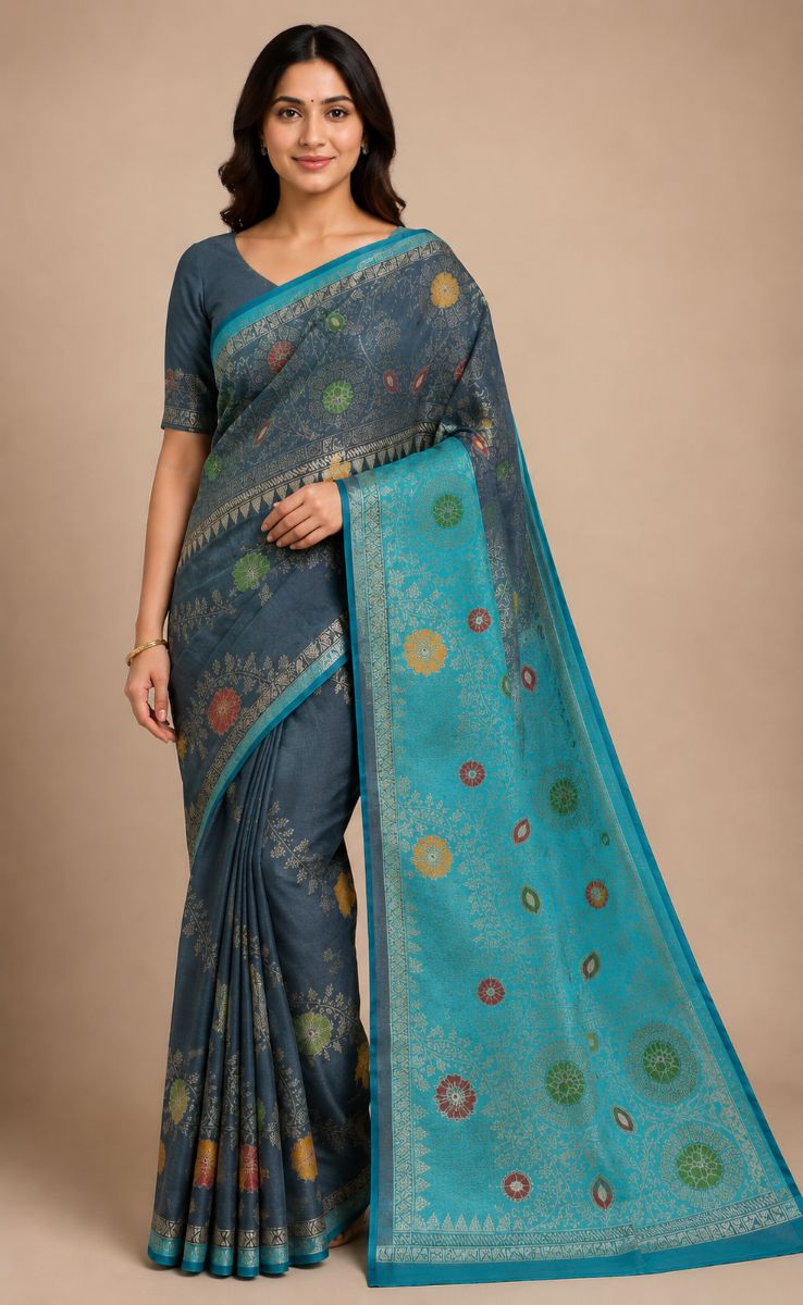 Raw Silk Ada Saree – Steel Blue with Charcoal Floral Pallu - Raw Silk Saree in Steel Blue / Charcoal Grey / Gold / Green / Red