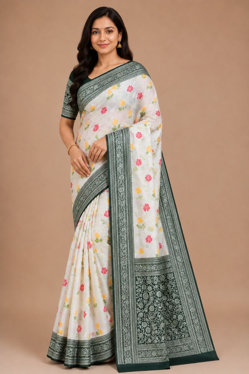 Tanchui White Floral Saree – Dark Green Border - Tanchui Silk Saree in White / Ivory with Dark Green Border