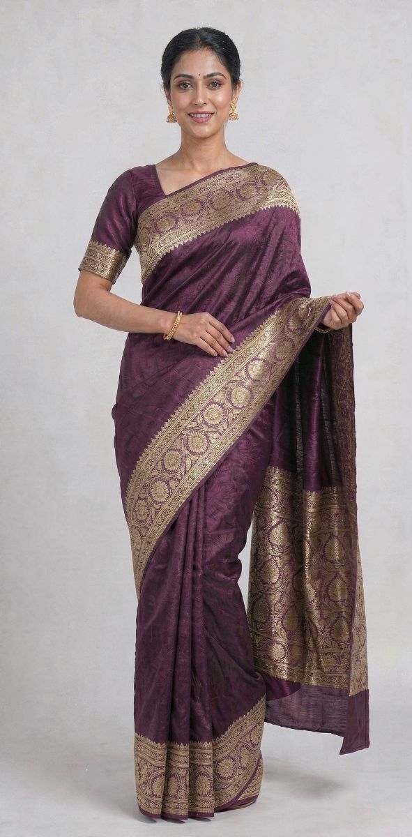 Banarasi Tanchoi Plain Saree – Plum Purple with Gold Zari Border - Banarasi Tanchoi Silk Saree in Plum Purple / Deep Aubergine