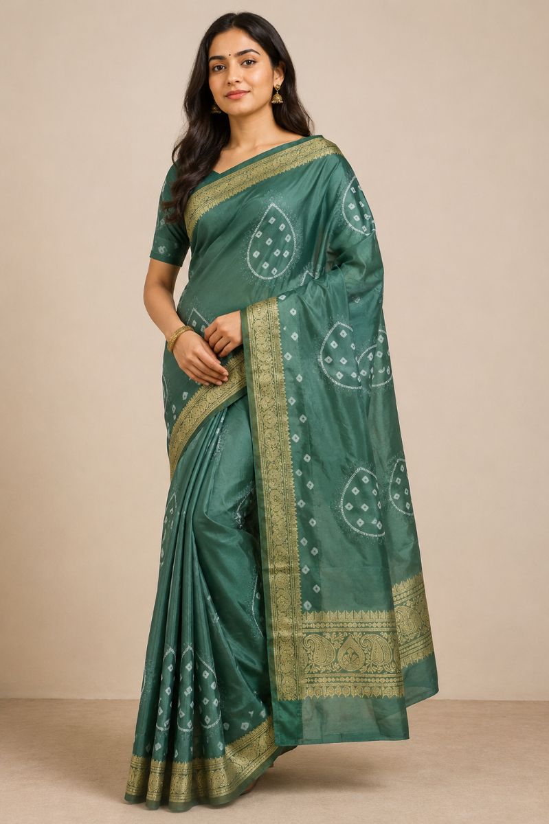 Assamese Bandhej Saree – Deep Teal Green with Antique Gold Border - Bandhej Silk Saree in Deep Teal Green / Antique Gold