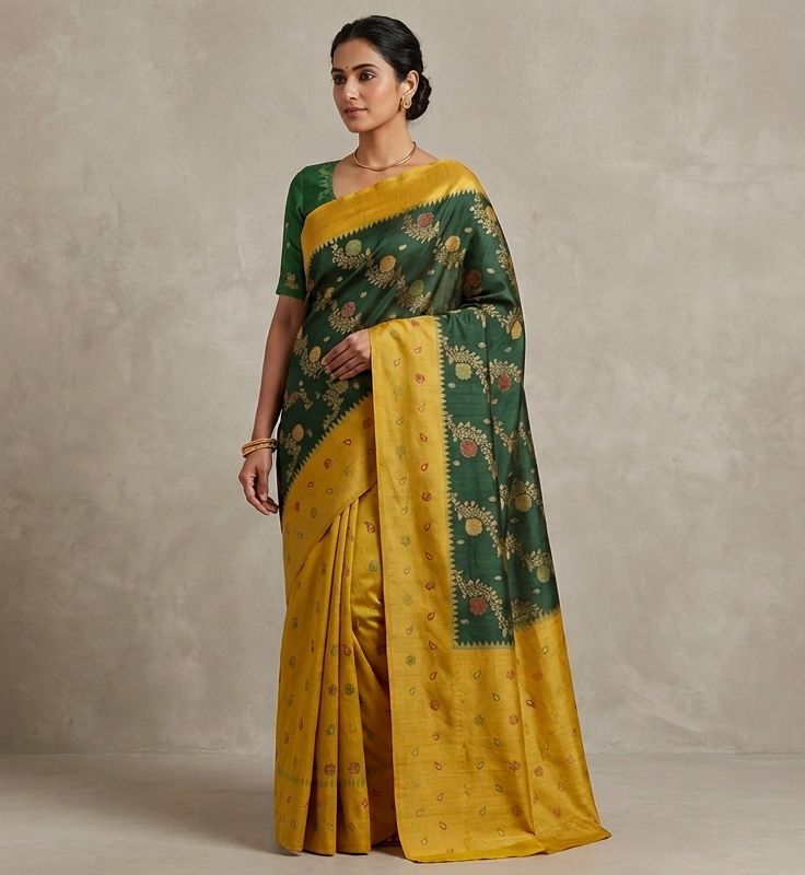 Raw Silk Ada Saree – Lime Yellow with Dark Green Floral Pallu - Raw Silk Saree in Lime Yellow / Dark Green / Gold / Red