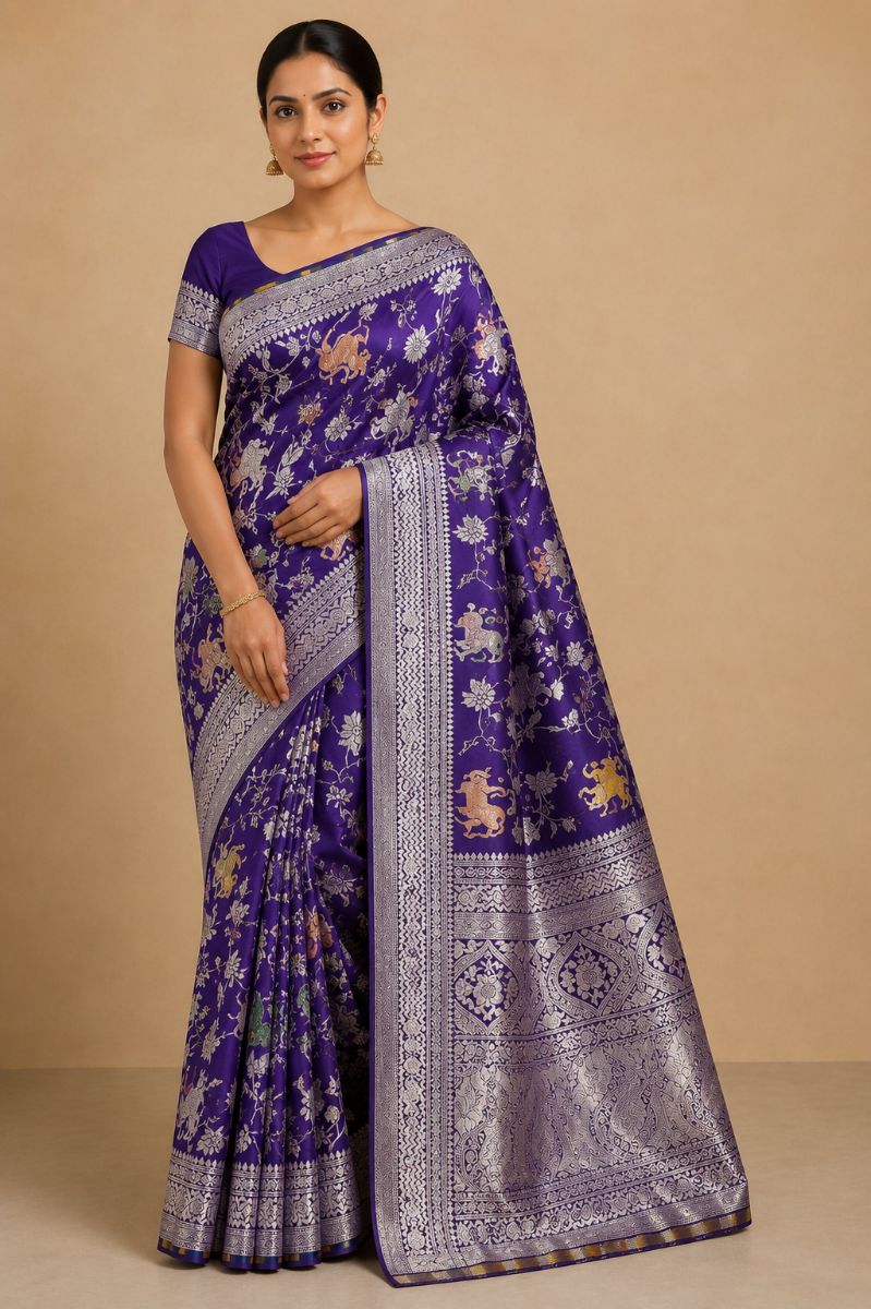 Shikargah Banarasi Saree – Royal Purple with Gold & Floral Motifs - Banarasi Silk Saree in Royal Purple / Antique Gold