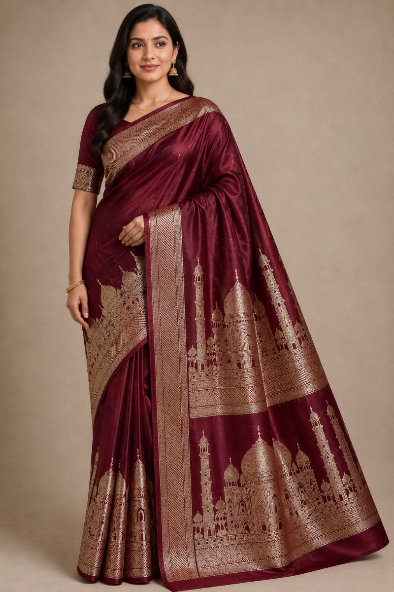 Banarasi Taj Mahal Silk Saree – Deep Wine with Antique Gold Taj Mahal Motif - Silk Saree in Deep Wine / Antique Gold