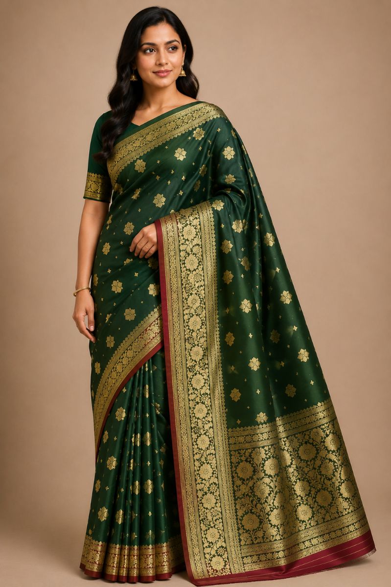 Satan Buti Banarasi Silk Saree – Bottle Green with Antique Gold Zari Border - Banarasi Silk Saree in Bottle Green / Antique Gold / Red Accent