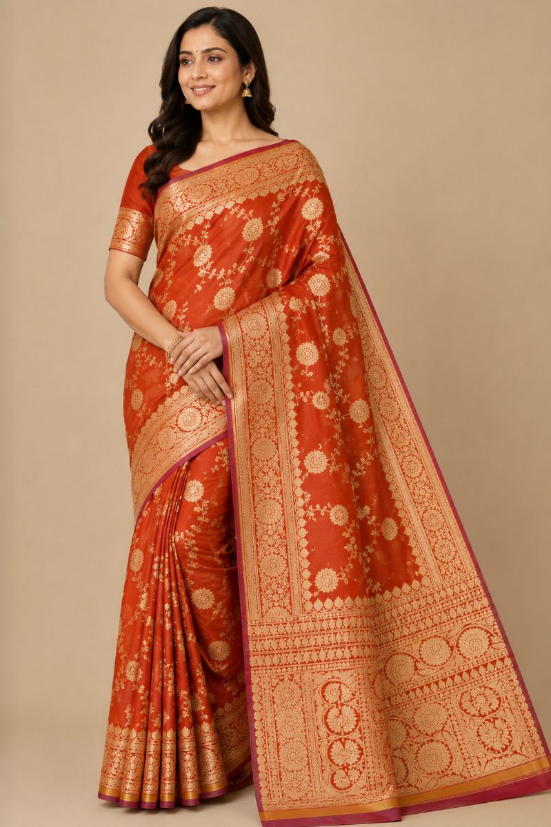Banarasi floral silk– Peach with Gold Zari Border - Silk Saree in Peach / Coral