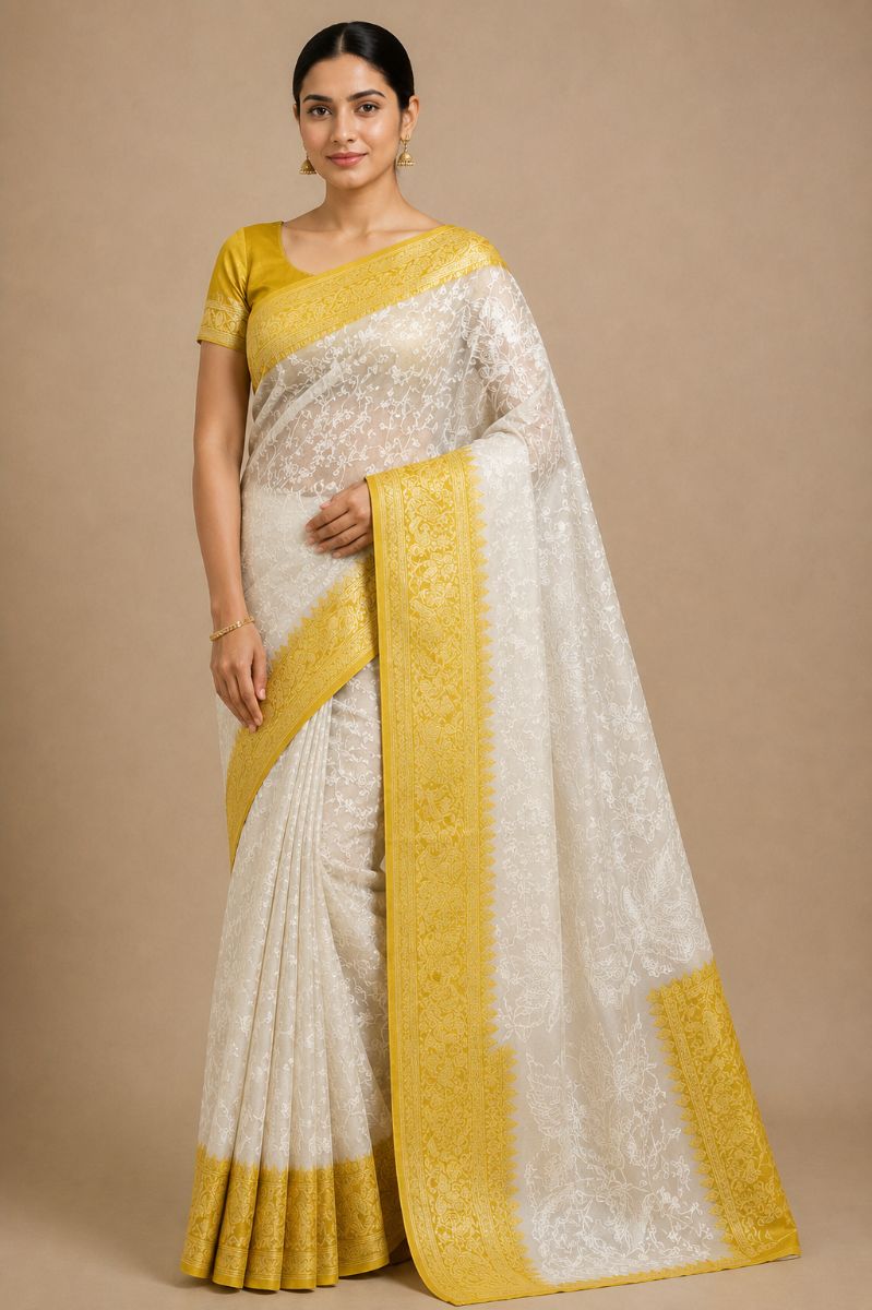 Chikankari Saree – Ivory White with Mustard Gold Border - Chikankari Saree in Ivory White / Mustard Yellow / Gold