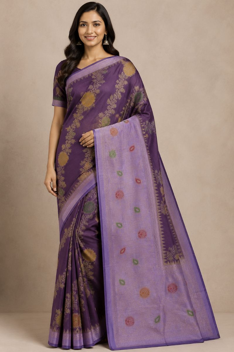 Raw Silk Ada Saree – Lavender Purple with Plum Floral Body - Raw Silk Saree in Lavender / Plum Purple / Gold / Green / Red
