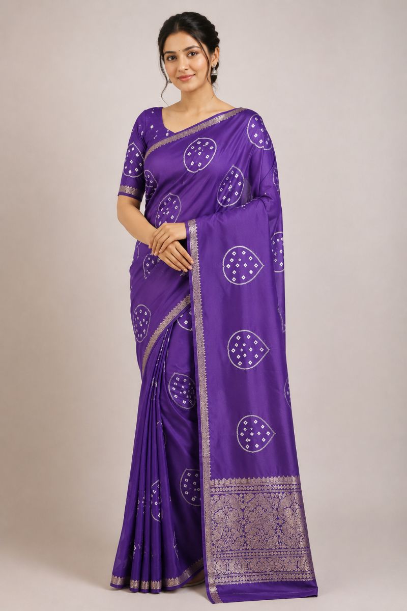 Assamese Bandhej Saree – Royal Purple with Antique Gold Border - Bandhej Silk Saree in Royal Purple / Antique Gold