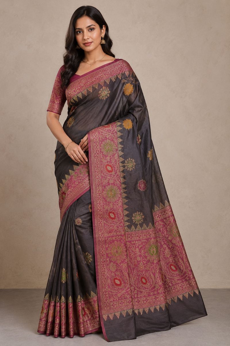 Raw Silk Ada Saree – Deep Plum Brown with Magenta Pallu - Raw Silk Saree in Deep Plum Brown / Magenta / Gold / Green / Red