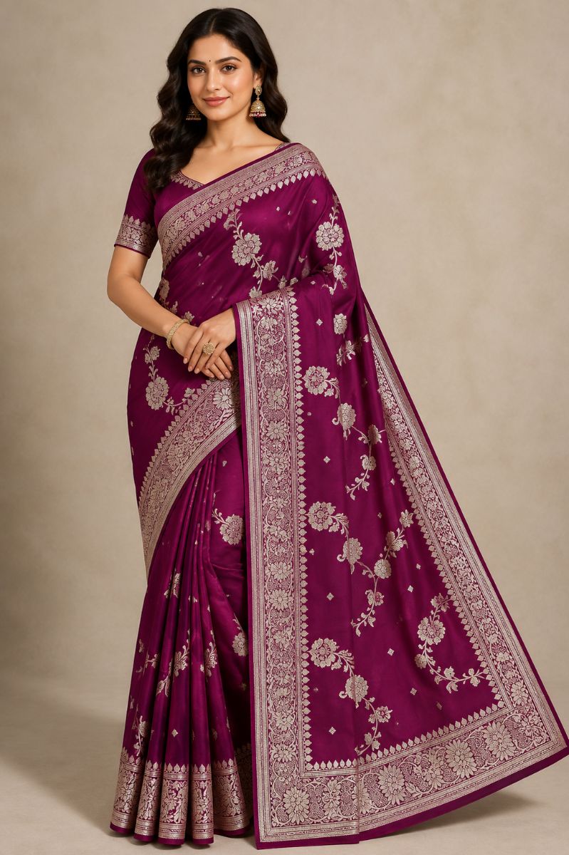 Banarasi Katan Silk Saree – Wine Floral Zari - Silk Saree in Wine