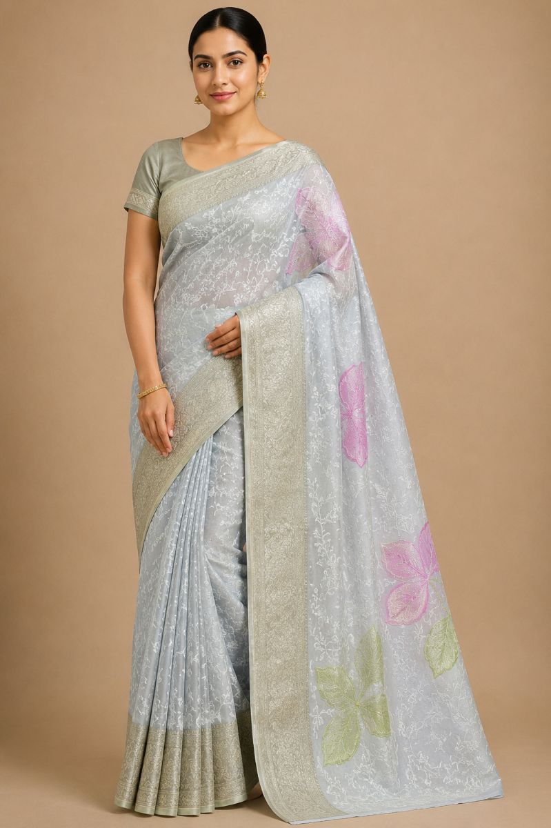 Chikankari Saree – Soft Blue Grey with Pastel Floral Embroidery - Chikankari Saree in Soft Blue Grey / Pink / Green / White