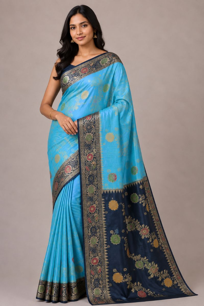 Raw Silk Ada Saree – Turquoise Blue with Charcoal Floral Pallu - Raw Silk Saree in Turquoise Blue / Charcoal Grey / Gold / Green / Red