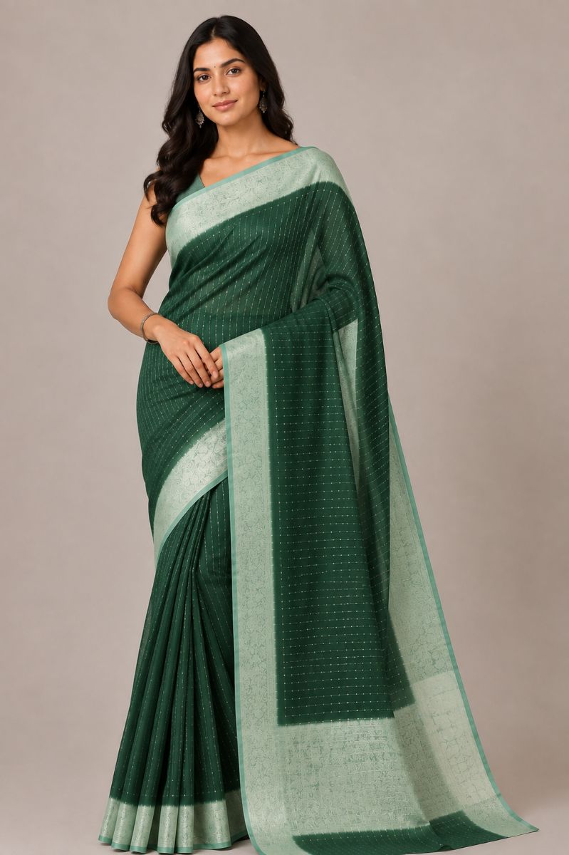 Tikli Viscose Saree – Bottle Green with Light Green Border - Tikli Viscose Saree in Bottle Green / Mint Green