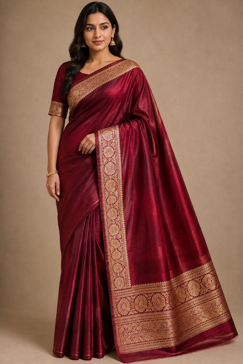 Plain Bridal Silk Saree – Wine Maroon with Antique Gold Floral Zari Border - Silk Saree in Wine Maroon / Antique Gold