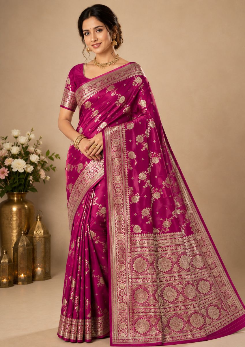 Banarasi Katan Silk Saree – Wine Floral Zari - Silk Saree in Rani Pink