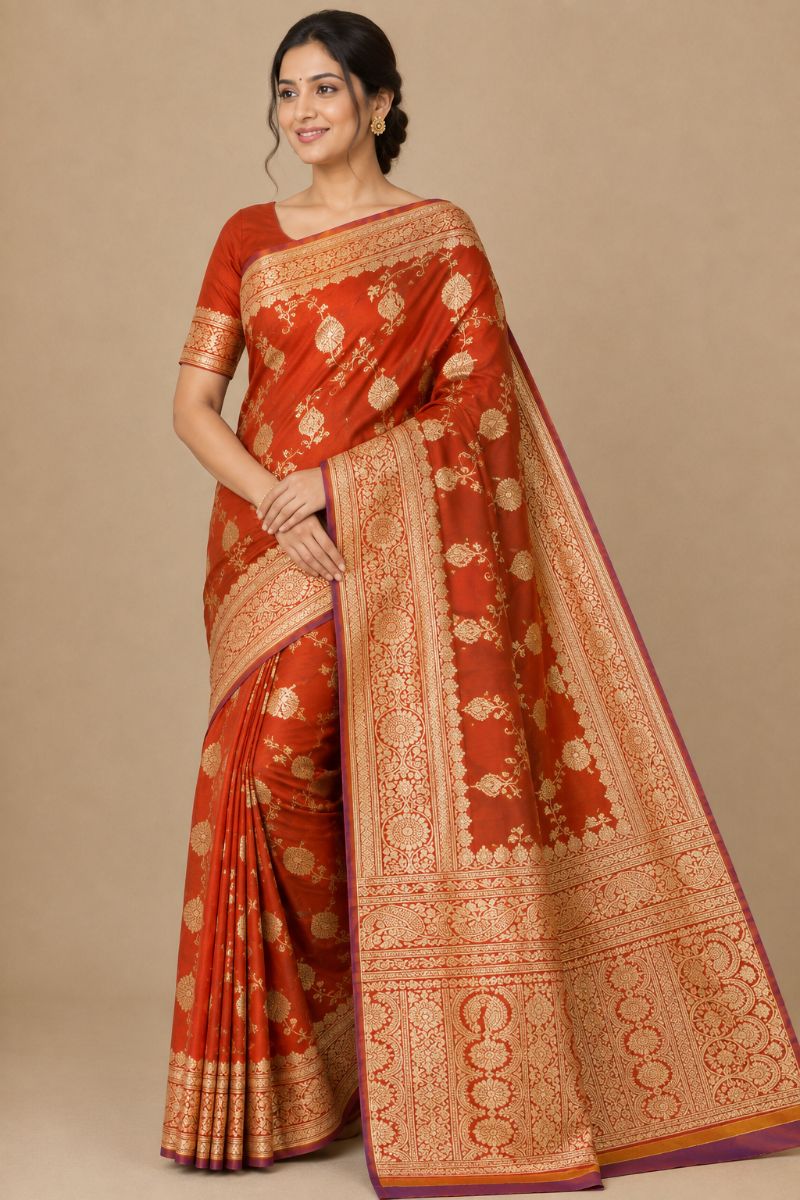 Banarasi floral silk – Orange with Gold Zari Border - Silk Saree in Rust Orange