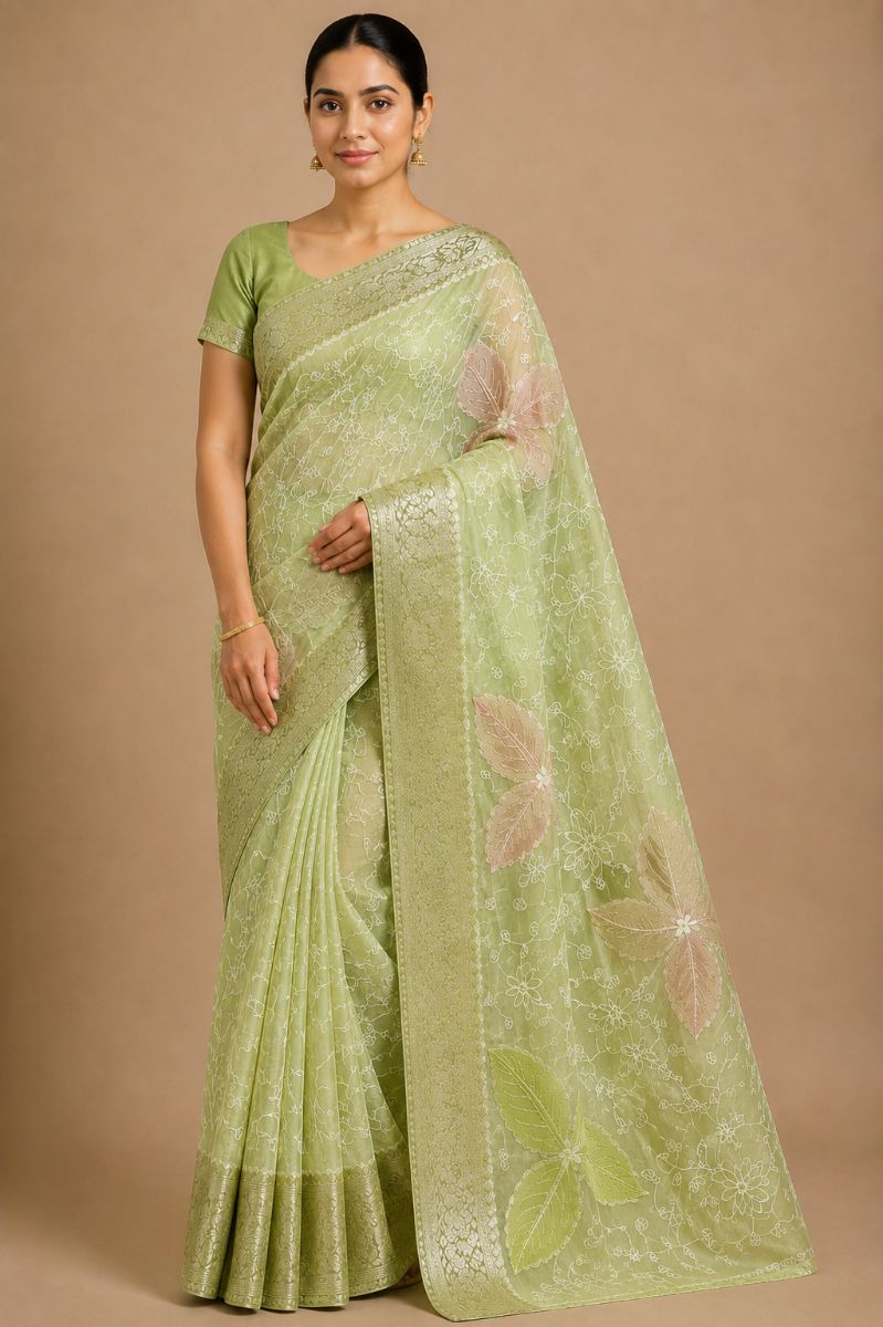Chikankari Saree – Sage Green with Pink & Green Floral Embroidery - Chikankari Saree in Sage Green / Soft Pink / Leaf Green
