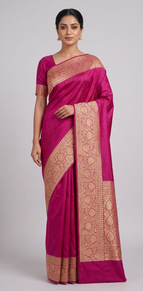 Banarasi Tanchoi Plain Saree – Magenta Pink with Gold Zari Border - Banarasi Tanchoi Silk Saree in Magenta Pink / Rani Pink