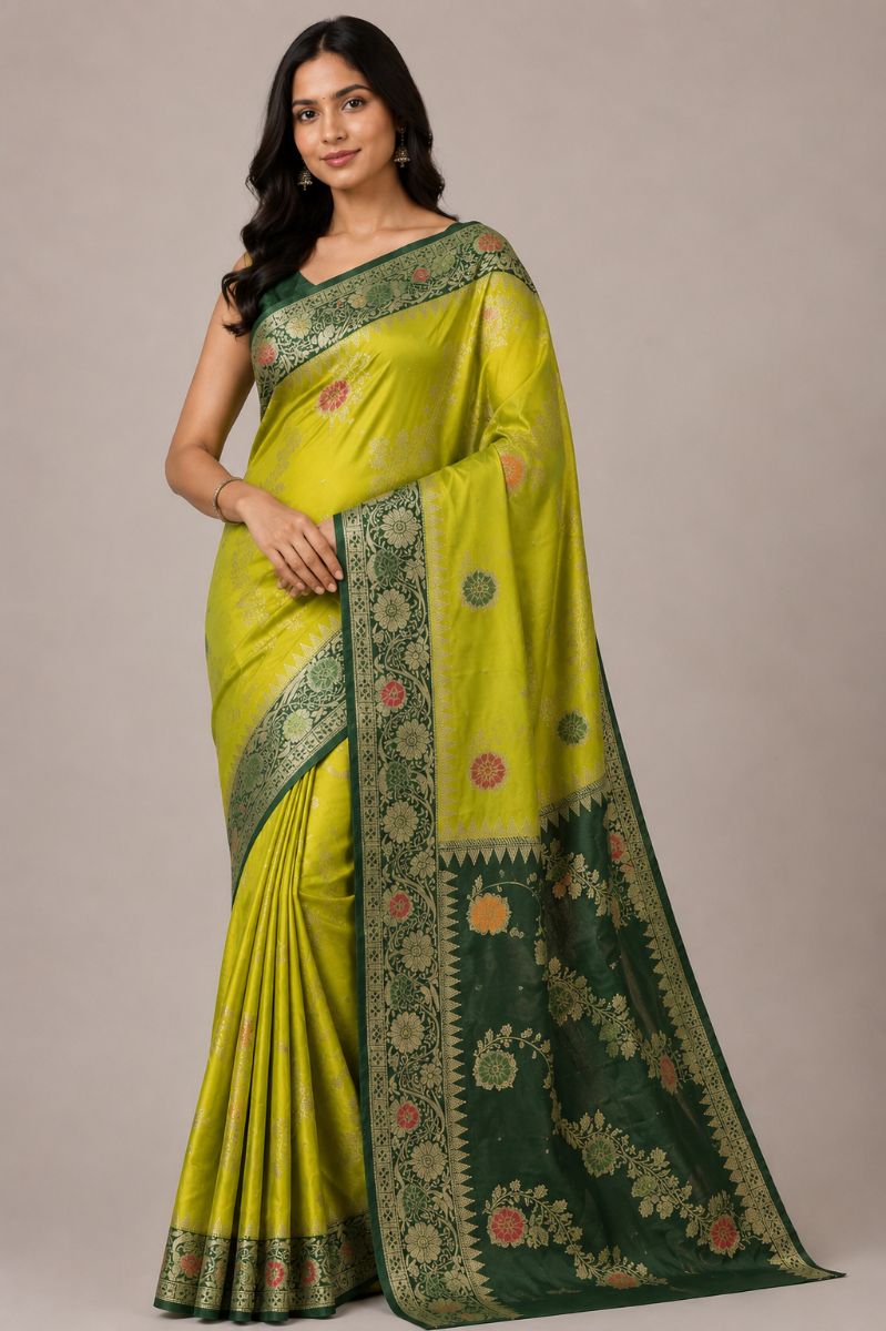 Raw Silk Ada Saree – Mustard Yellow with Deep Green Floral Body - Raw Silk Saree in Mustard Yellow / Deep Green / Gold / Red