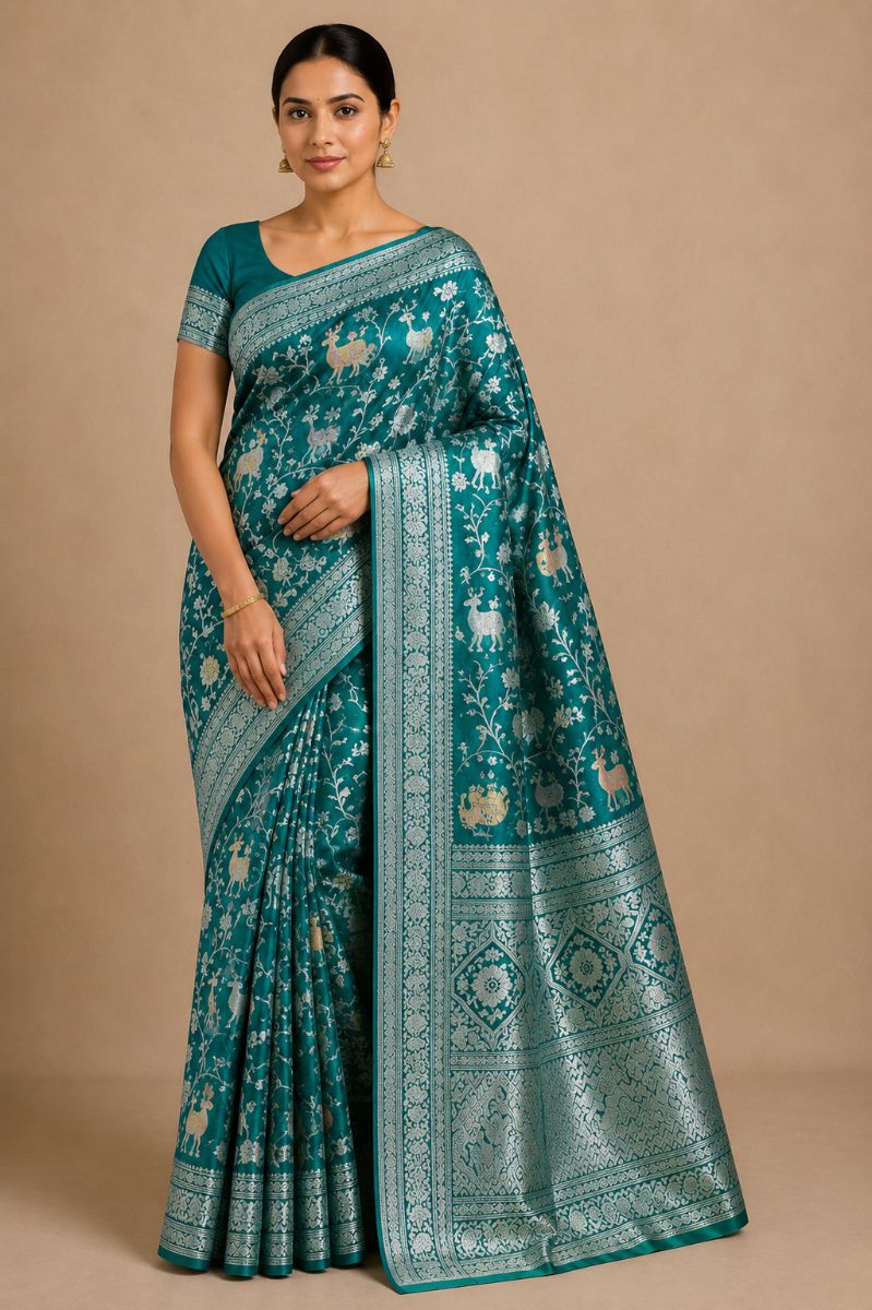 Shikargah Banarasi Saree – Turquoise Teal with Silver Floral & Deer Motifs - Banarasi Silk Saree in Turquoise Teal / Silver & Antique Gold