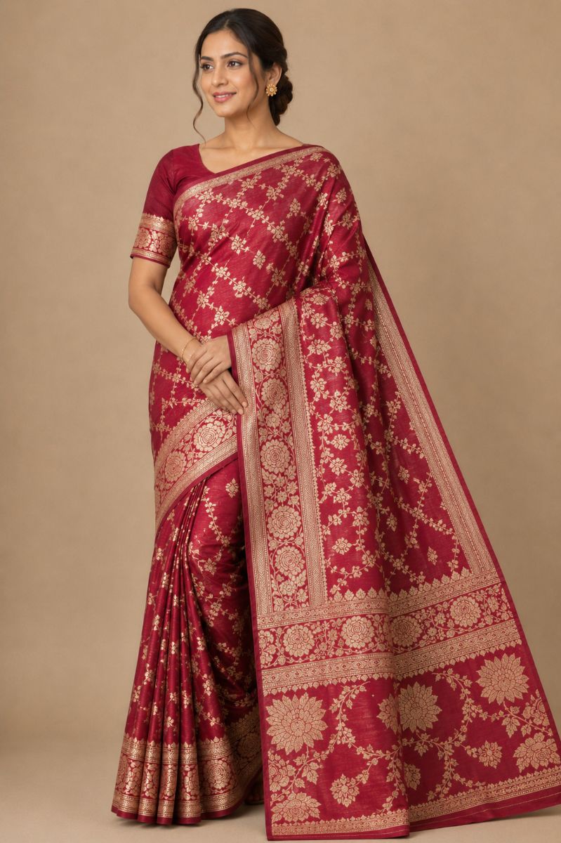 Banarasi floral silk– Plum with Gold Zari Border - Silk Saree in Plum / Wine