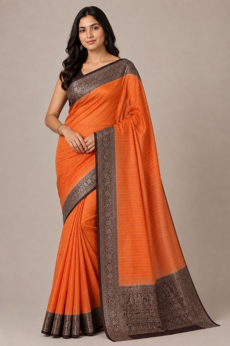Tikli Viscose Saree – Orange with Antique Gold Border - Tikli Viscose Saree in Bright Orange / Antique Gold / Brown
