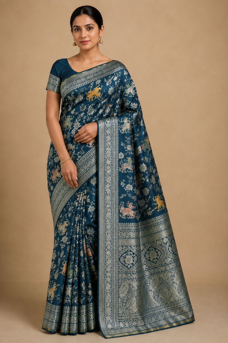 Shikargah Banarasi Saree – Deep Teal Green with Gold Deer Motifs - Banarasi Silk Saree in Deep Teal Green / Gold & Silver