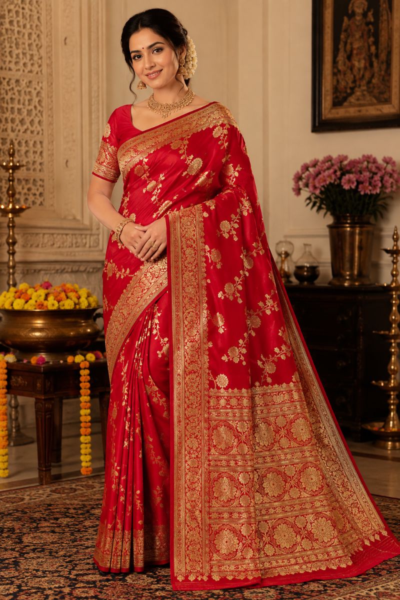 Banarasi Katan Silk Saree – Classic Red Floral Zari - Silk Saree in Red