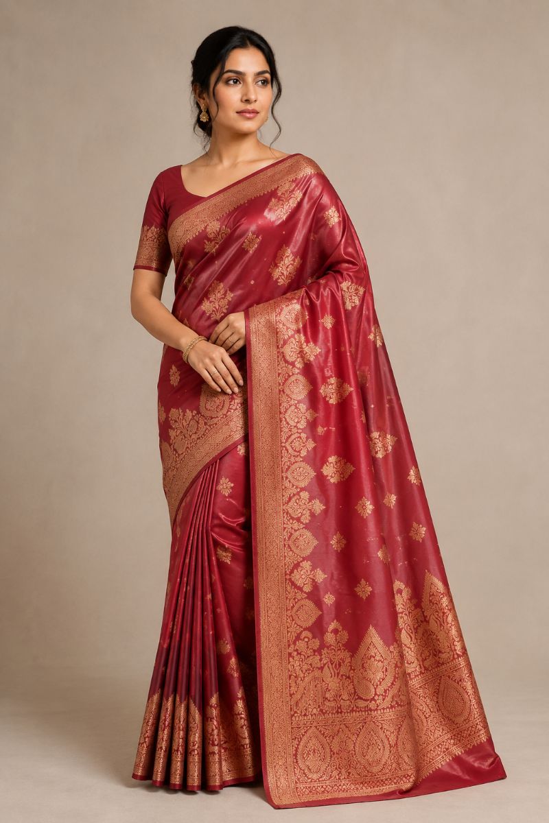 Banarasi Satin Silk – Wine with Antique Gold Zari - Banarasi Satin Silk Saree in Wine / Antique Gold
