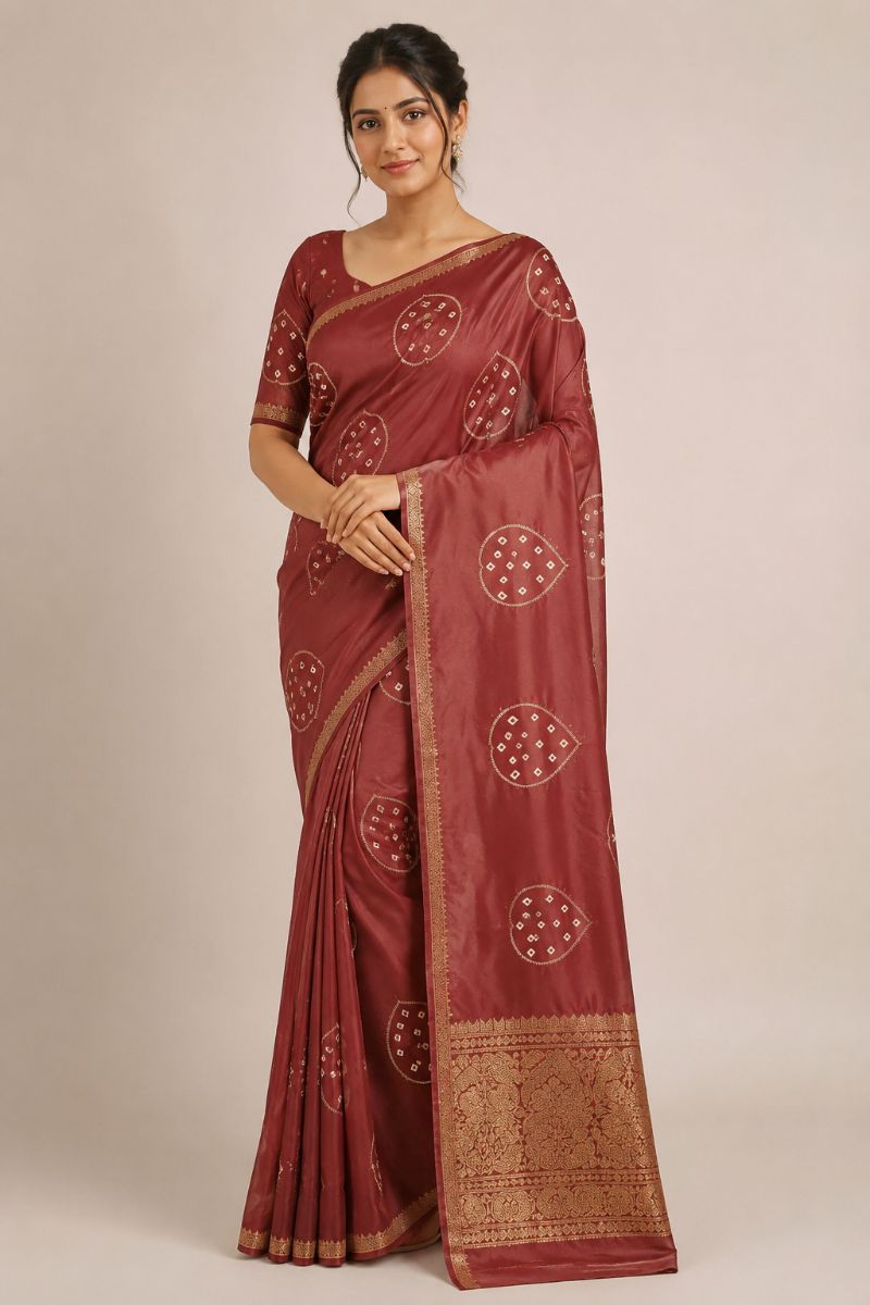 Assamese Bandhej Saree – Dusty Rose with Antique Gold Border - Bandhej Silk Saree in Dusty Rose / Antique Gold